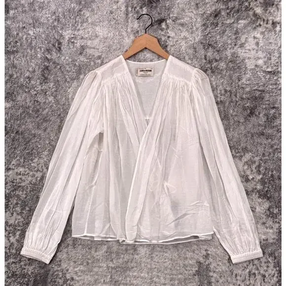 New Zadig Voltaire Top Medium Womens White Cotton Voile Cross Blouse Lightweight - Picture 1 of 9